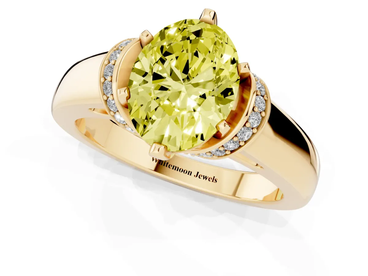Fancy Yellow Oval Cut Solitaire Diamond Ring with Pave Band and Six-Prong Setting Yellow gold