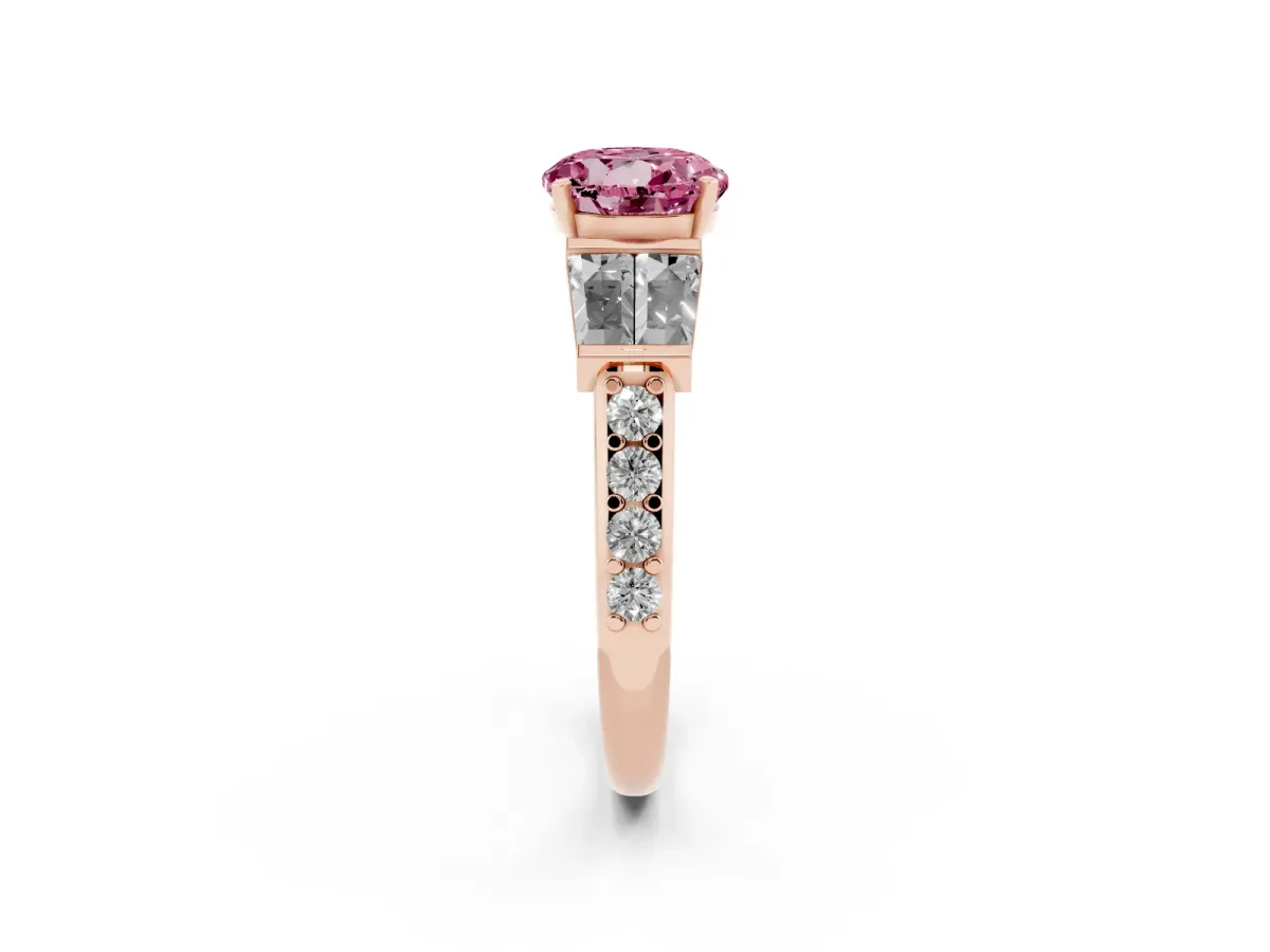 Fancy Pink Round Cut Diamond Engagement Ring with Baguette Side Stones and Channel Set Band Rose gold