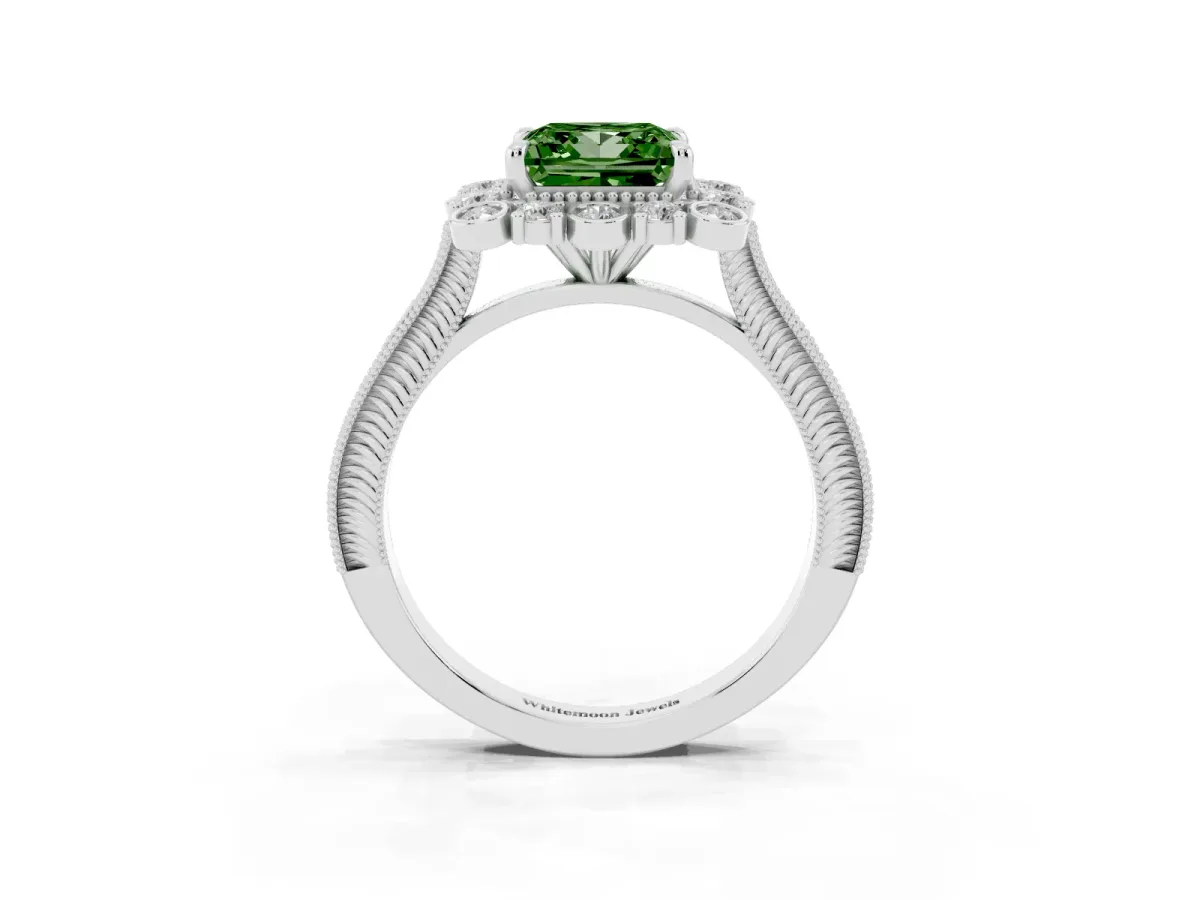 Fancy Green Princess Cut Halo Milgrain Pave Diamond Ring with Four-Prong Setting Silver