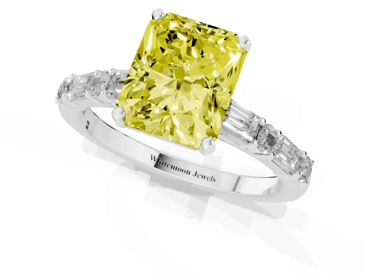 Fancy Yellow Radiant Cut Diamond Solitaire with Side Baguettes and Channel Set Band Platinum