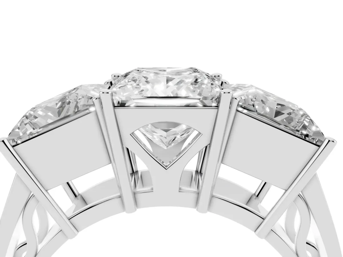 Princess Cut Diamond Three-Stone Ring with Prong Setting and Textured Band Silver