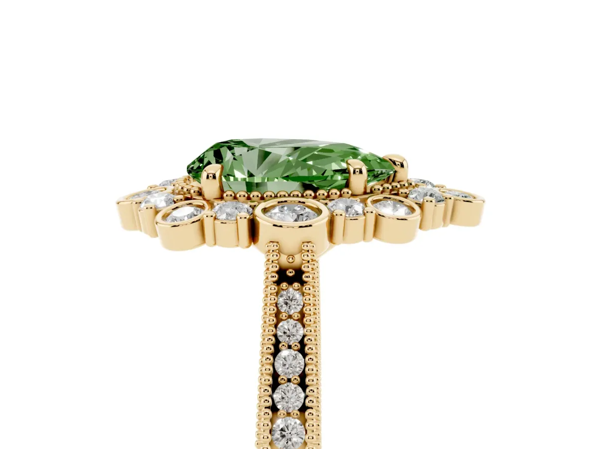 Fancy Green Pear Cut Halo Milgrain Pave Diamond Ring with Four-Prong Setting Yellow gold