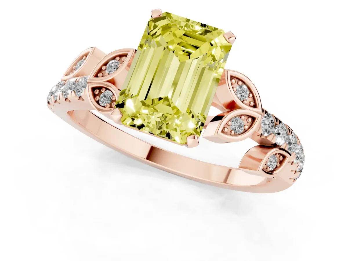 Fancy Yellow Emerald Cut Solitaire Leaf-Inspired Diamond Ring with Pavé Band and Four-Prong Setting Rose gold