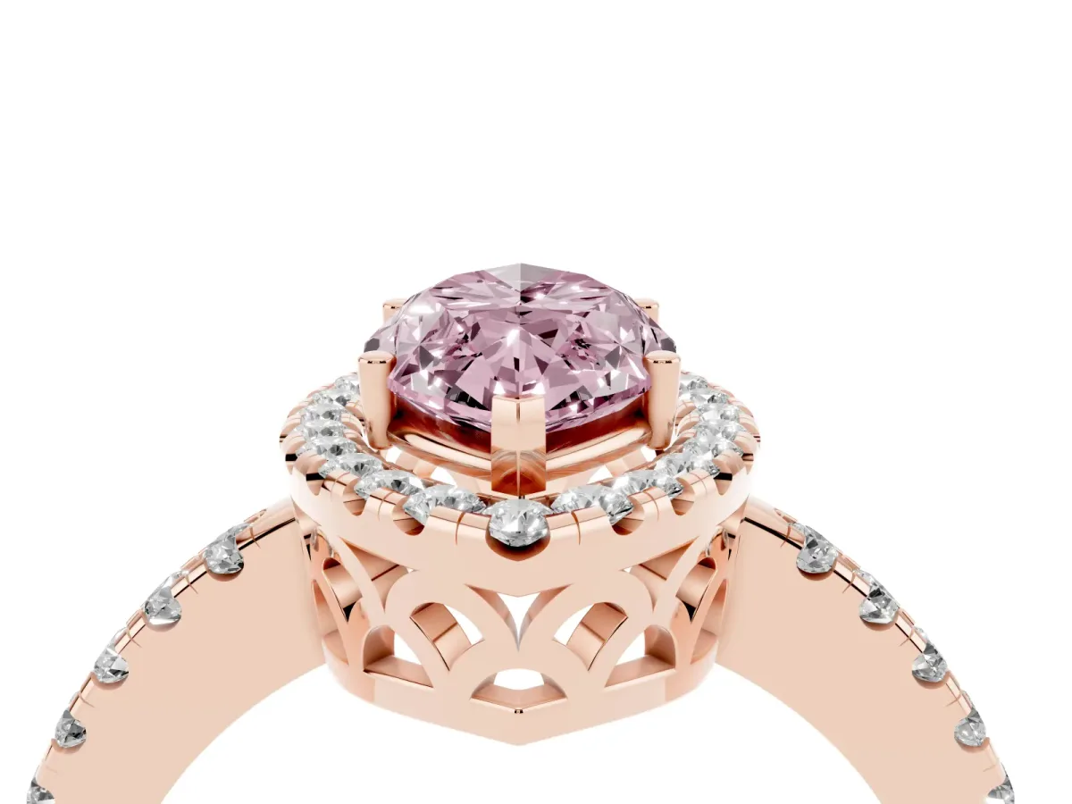 Fancy Pink Marquise Cut Halo Diamond Engagement Ring with Pavé Band and Four-Prong Setting Rose gold