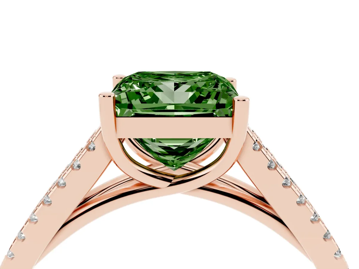 Fancy Green Princess Cut Diamond Solitaire Engagement Ring with Split Shank Pavé Band Rose gold