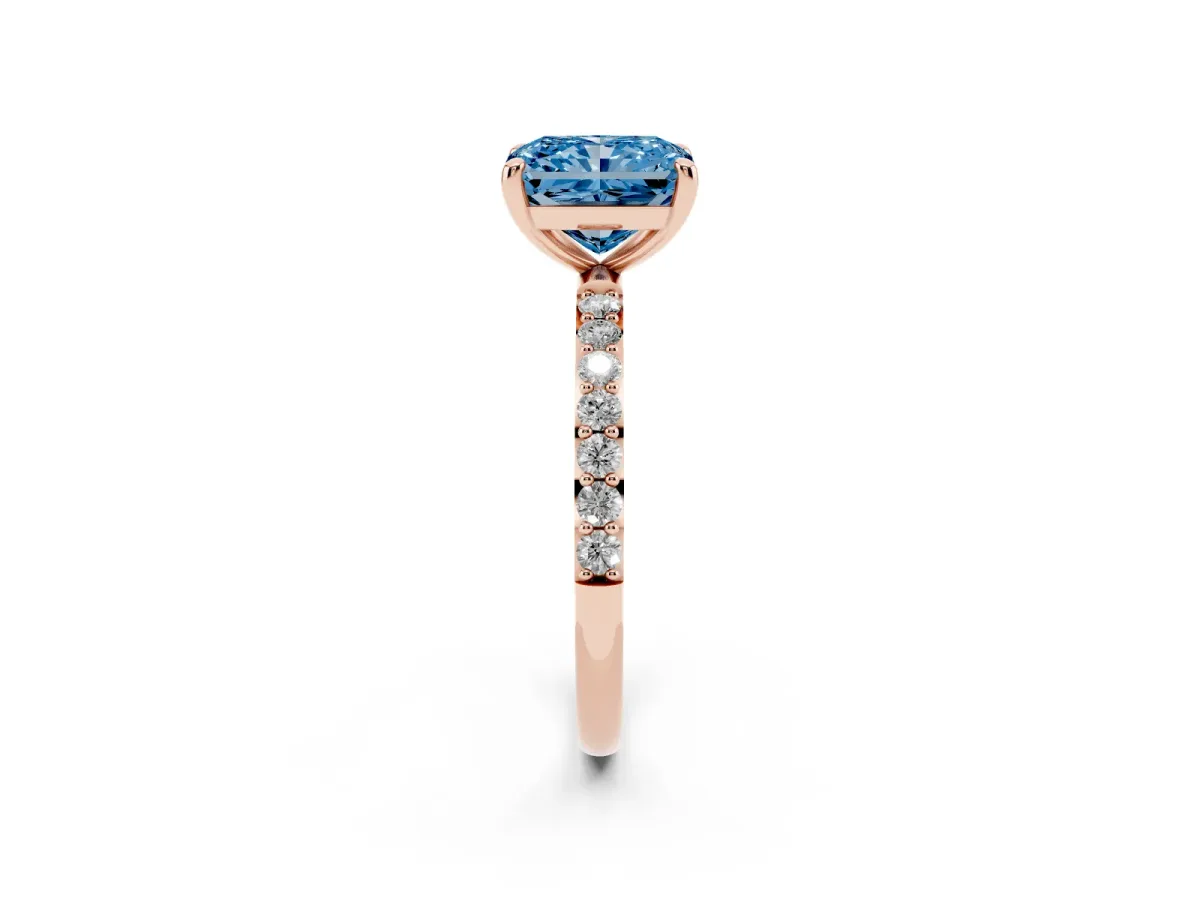 Fancy Blue Radiant Cut Diamond Solitaire Ring with Round Pavé Band and Prong Setting Rose gold