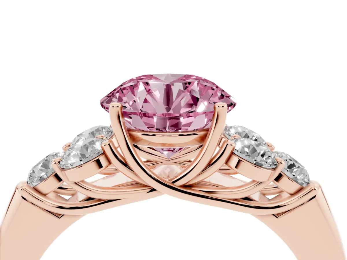 Fancy Pink Round Cut Cut Diamond Cluster Ring with Round Accent Stones and Prong Setting on a Classic Band Rose gold