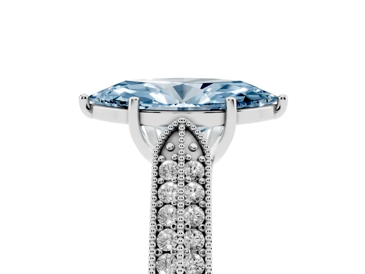 Fancy Blue Marquise Cut Cut Pave Split Shank Engagement Ring with Four-Prong Setting Silver