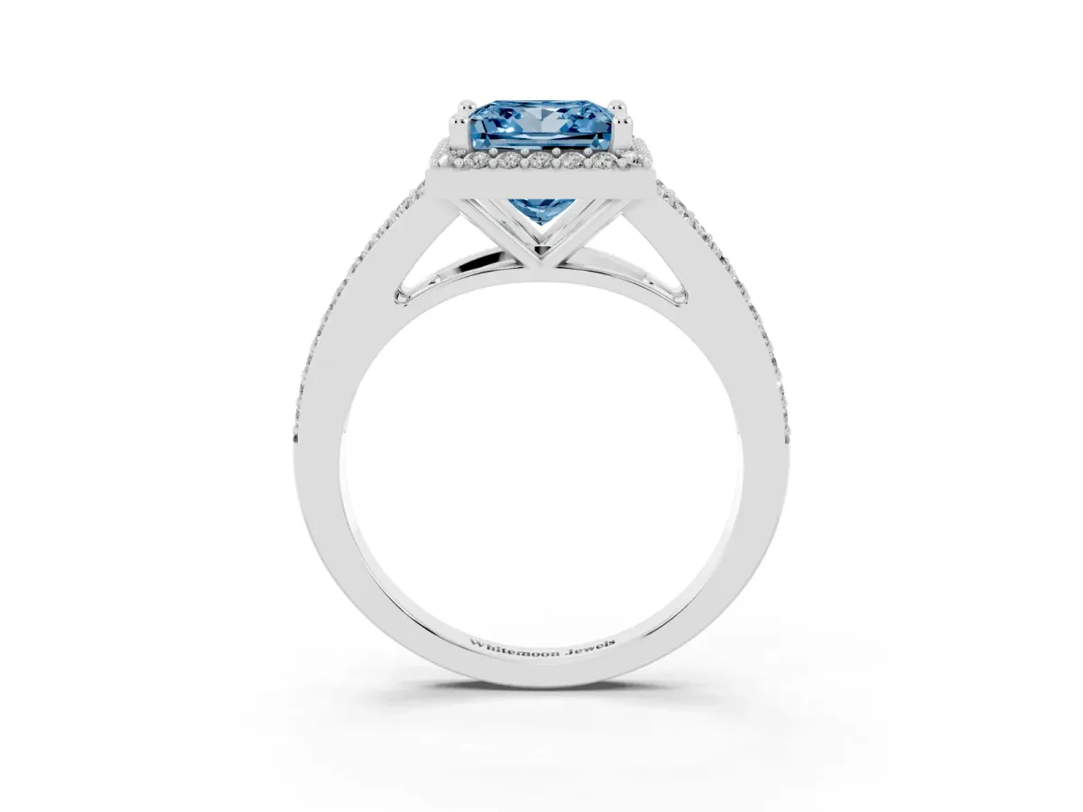 Fancy Blue Princess Cut Halo Split Shank Diamond Ring with Prong Setting Silver