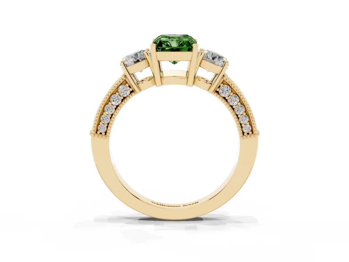 Fancy Green Radiant Cut Three-Stone Diamond Ring with Pavé Band and Four-Prong Setting Yellow gold