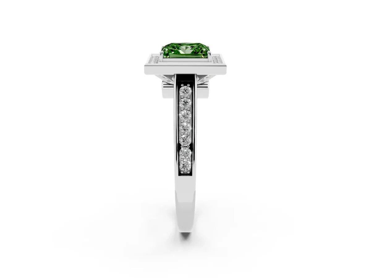 Fancy Green Princess Cut Halo Solitaire Diamond Ring with Pave Band and Bezel Setting Silver