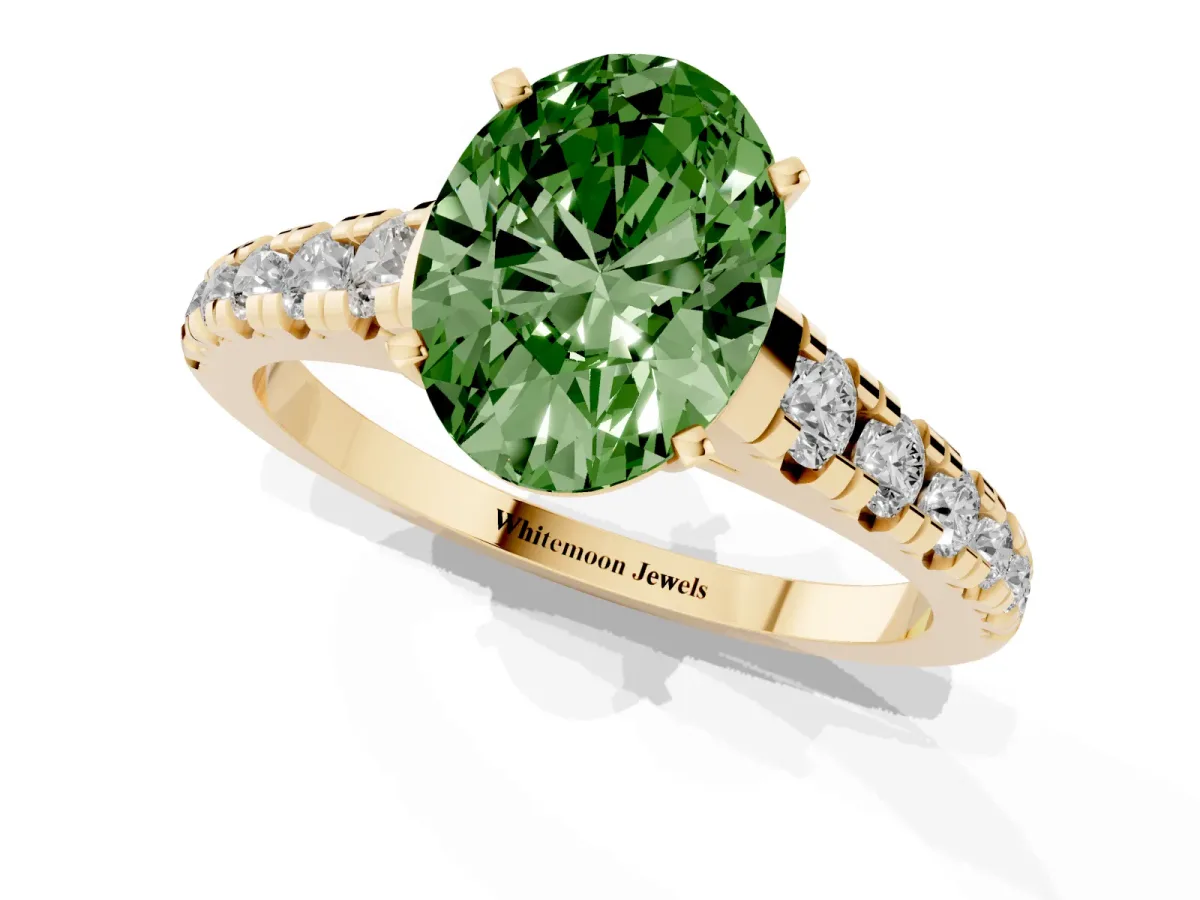 Fancy Green Oval Cut Diamond Cathedral Solitaire Ring with Round Pavé Band Yellow gold