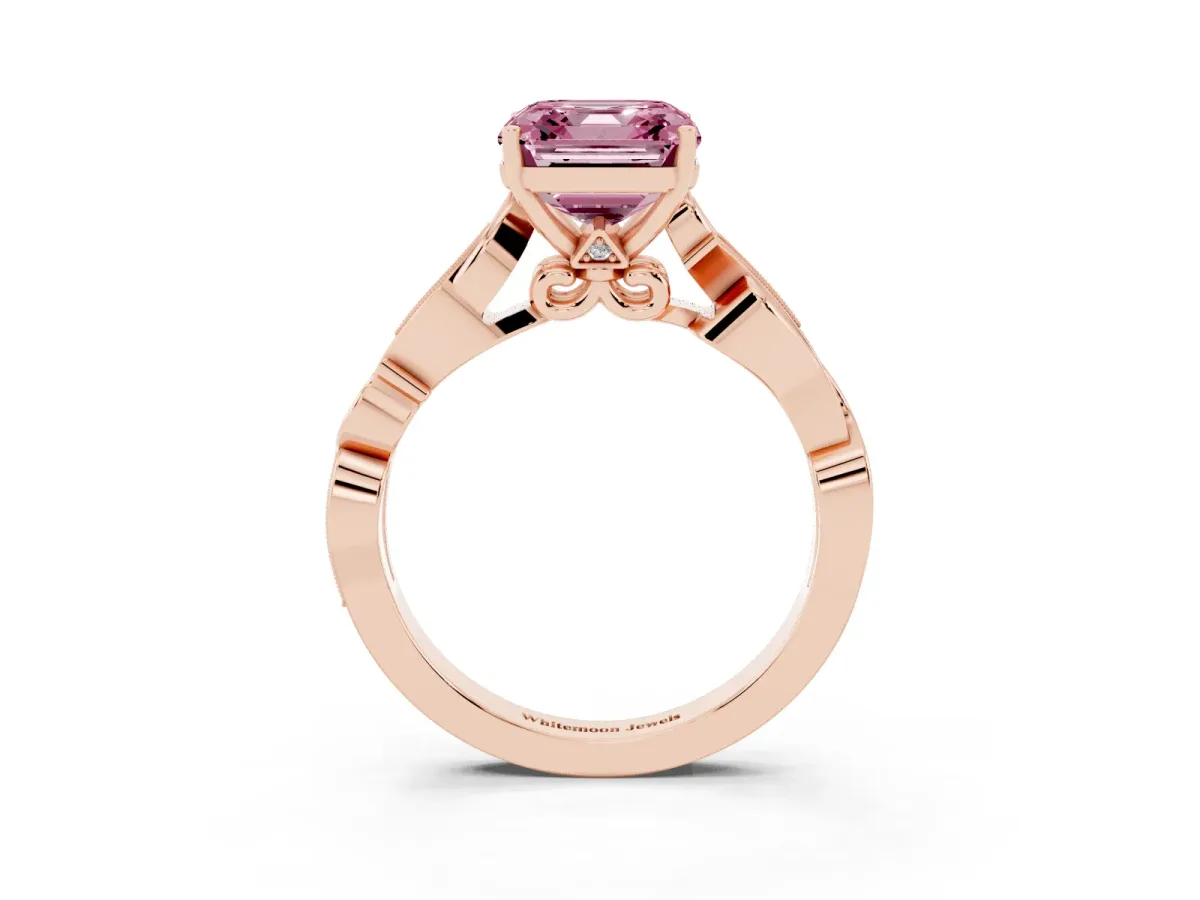 Fancy Pink Asscher Cut Solitaire Vine Band with Milgrain Prong Setting Rose gold