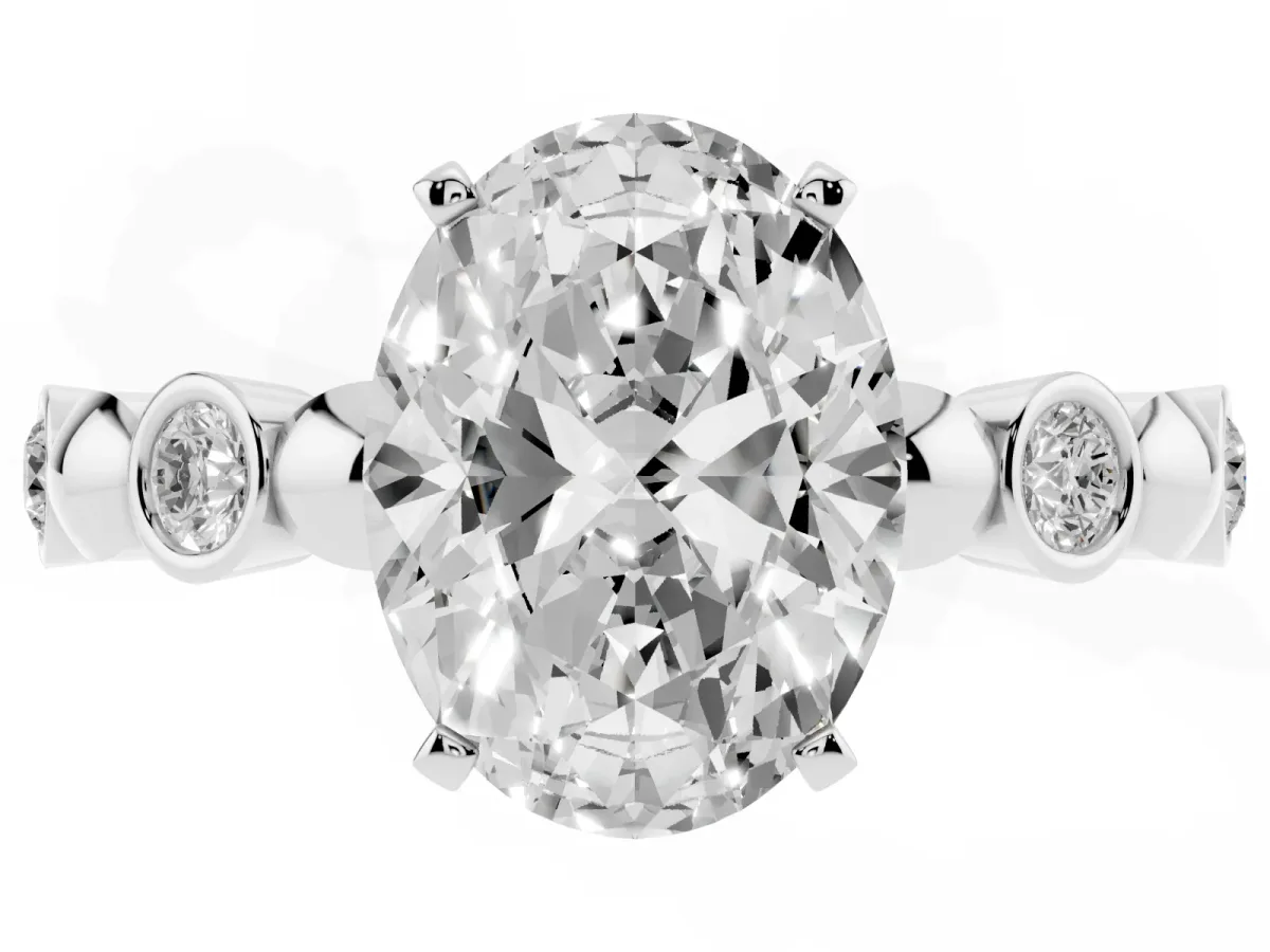 Oval Cut Solitaire Bezel-Set Diamond Ring with Beaded Band and Four-Prong Setting Platinum