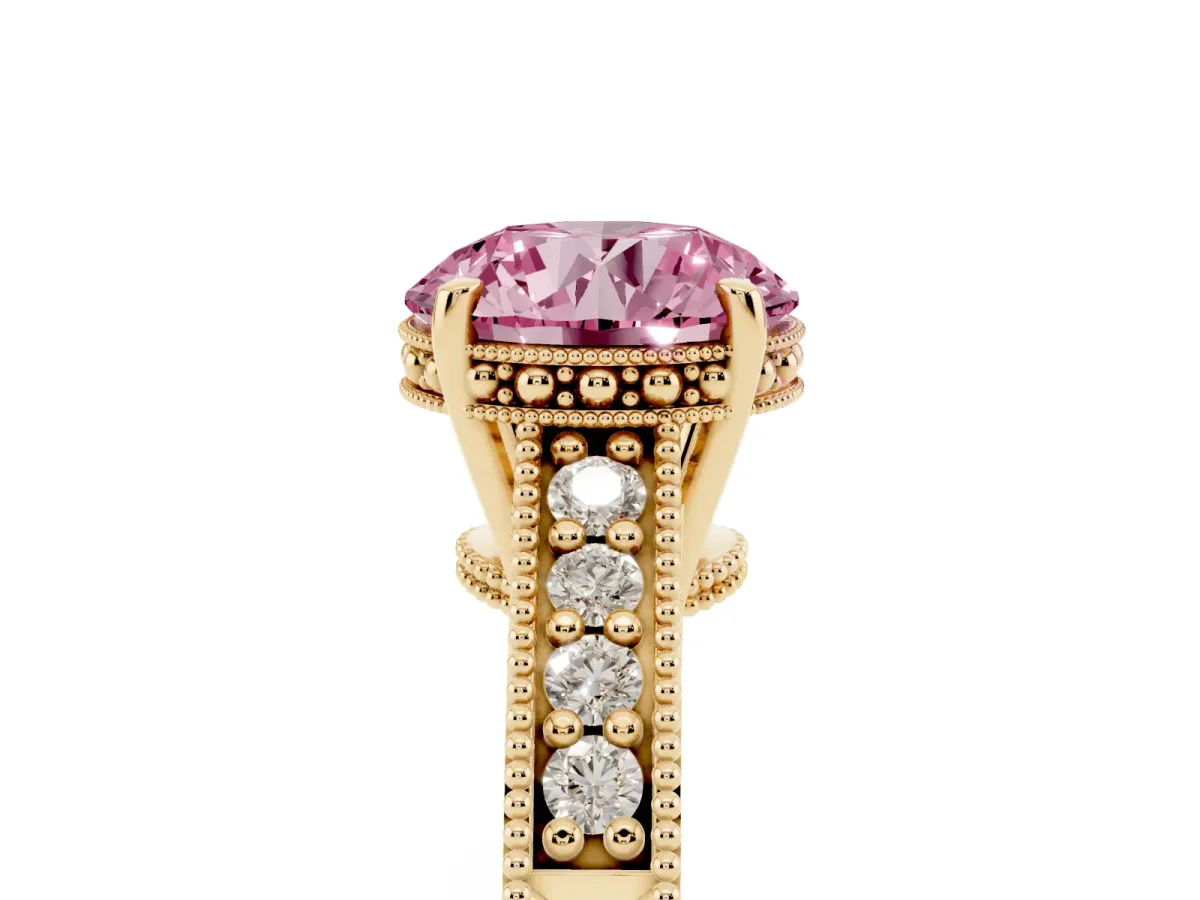 Fancy Pink Round Cut Solitaire Pavé Diamond Milgrain Engagement Ring with Four-Prong Setting Yellow gold