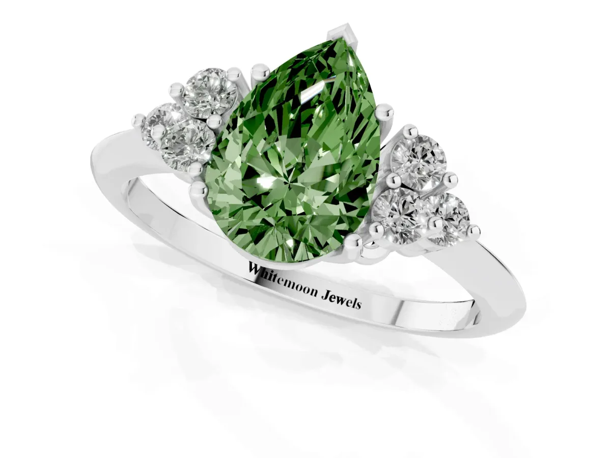 Fancy Green Pear Cut Cut Diamond Cluster Ring with Solitaire Band and Four-Prong Setting Silver
