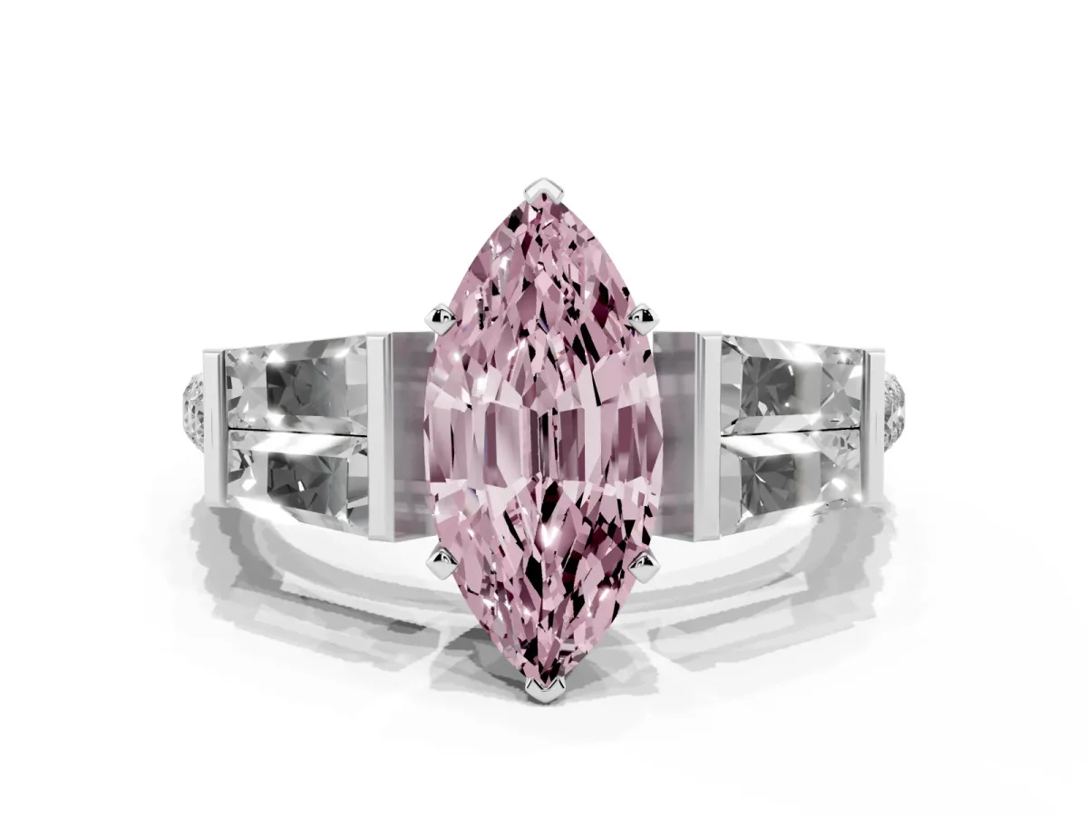 Fancy Pink Marquise Cut Diamond Engagement Ring with Baguette Side Stones and Channel Set Band Silver