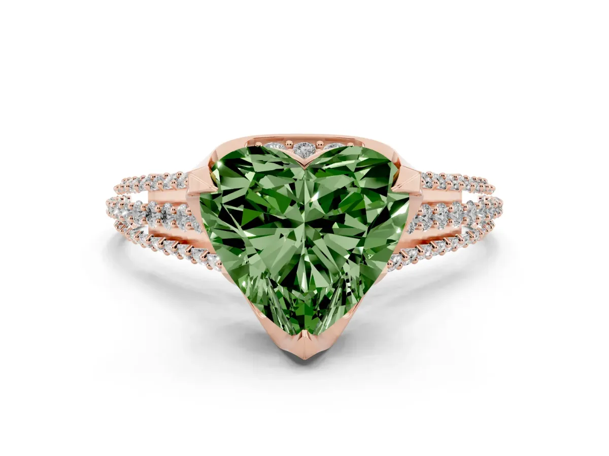 Fancy Green Heart Cut Solitaire Pave Split Shank Ring with Four-Prong Setting Rose gold