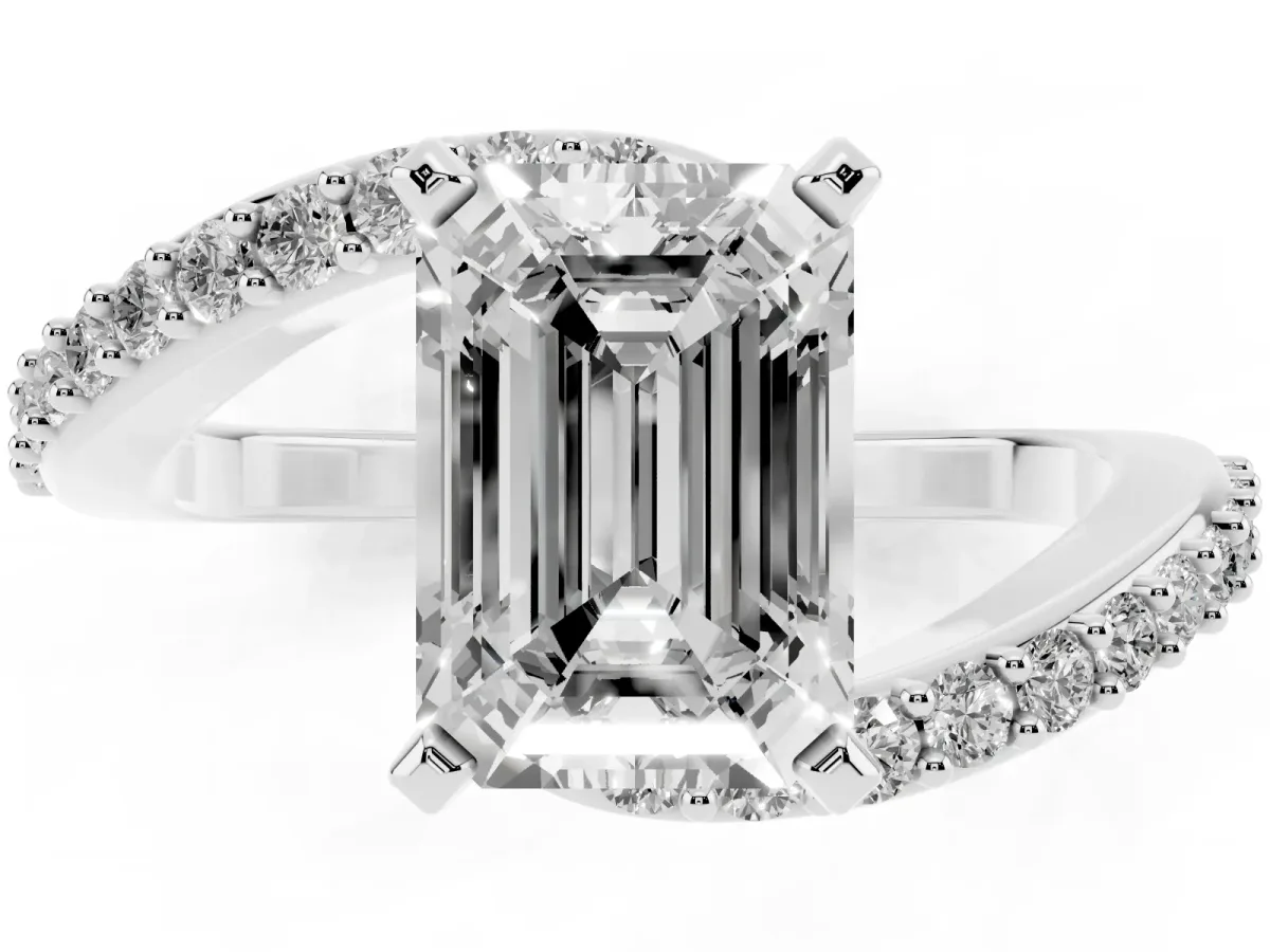Emerald Cut Solitaire Twist Band with Pave Set Diamonds and Four-Prong Setting Silver