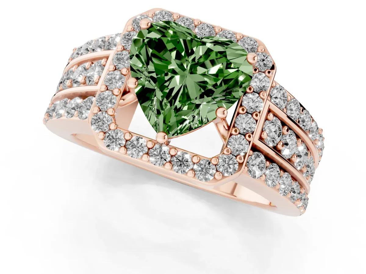 Fancy Green Heart Cut Halo Diamond Ring with Round Split Shank and Prong Setting Rose gold
