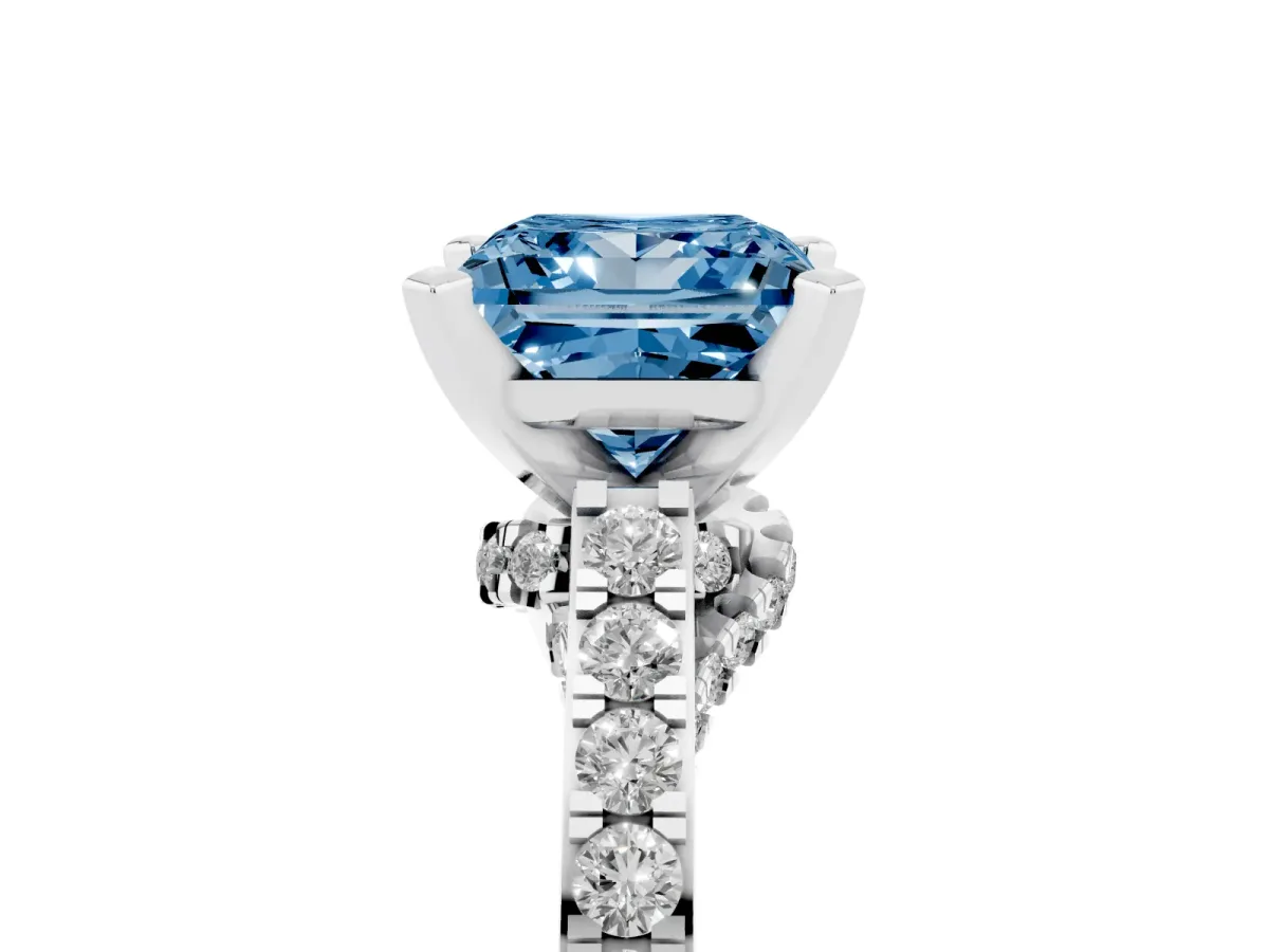 Fancy Blue Princess Cut Diamond Solitaire Ring with Crossover Gallery and Round Pavé Band Platinum