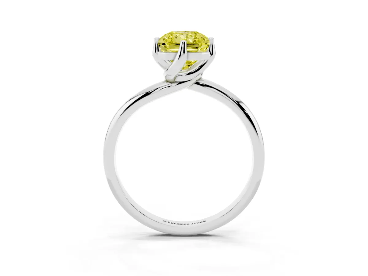 Fancy Yellow Radiant Cut Diamond Solitaire Engagement Ring with Four-Prong Setting and Classic Band Silver