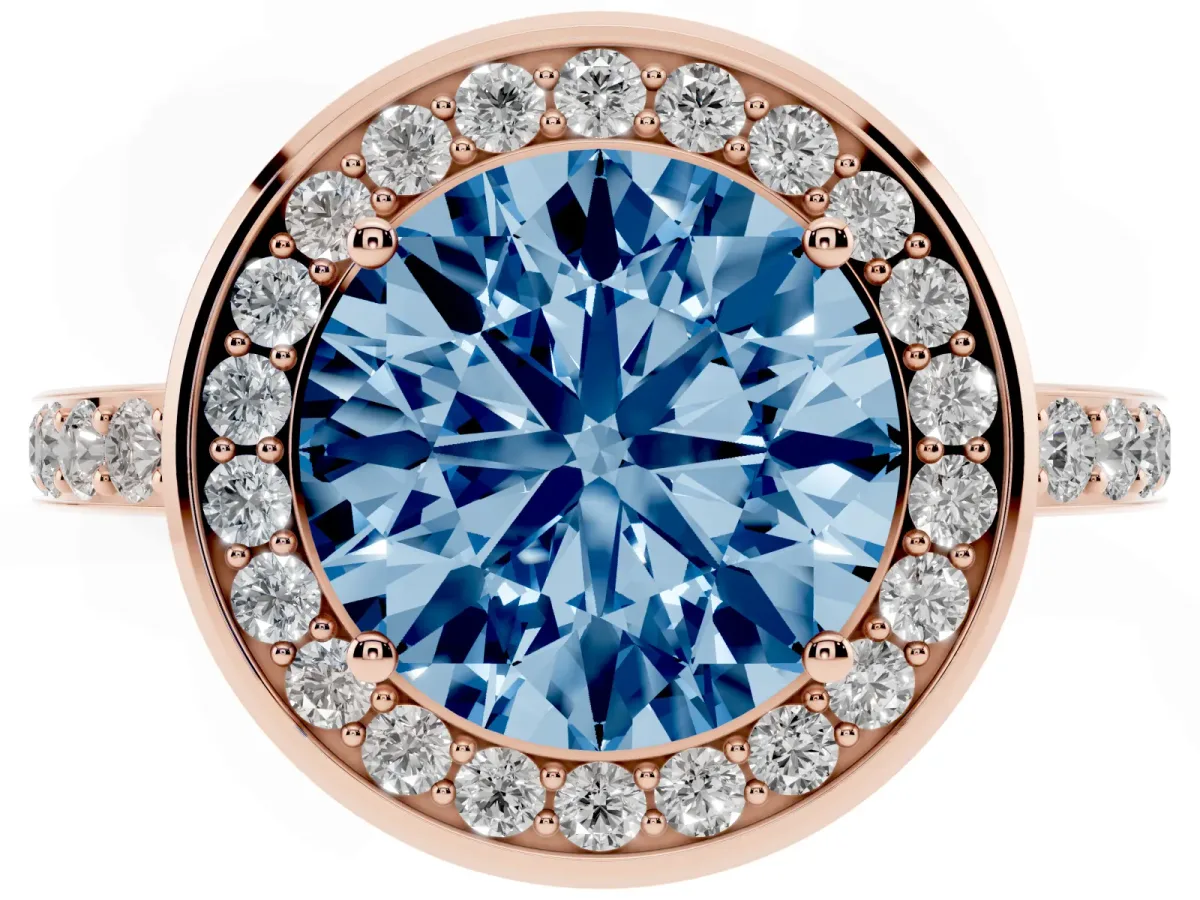 Fancy Blue Round Cut Diamond Halo Ring with Bezel Frame and Pavé Band Rose gold