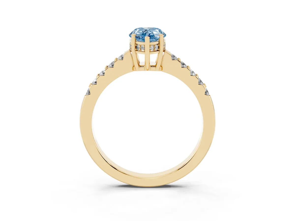 Fancy Blue Pear Cut Solitaire Diamond Engagement Ring with Pavé Band and Six-Prong Setting Yellow gold