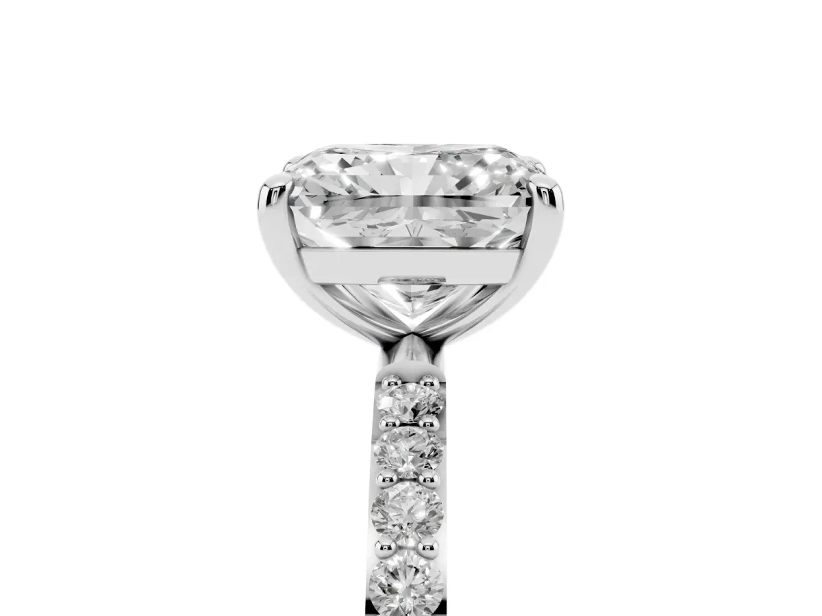 Radiant Cut Diamond Solitaire Ring with Round Pavé Band and Prong Setting Silver