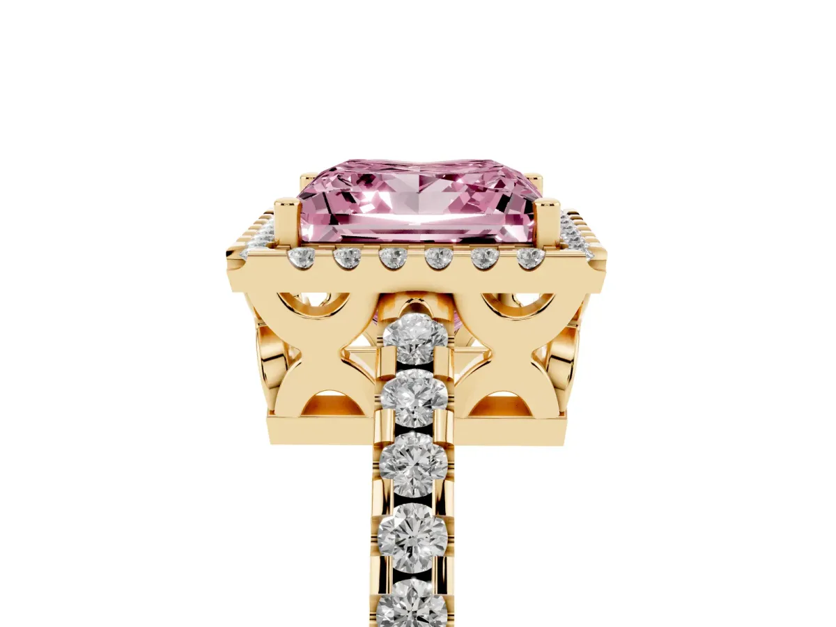Fancy Pink Princess Cut Diamond Halo Engagement Ring with Pavé Band and Prong Setting Yellow gold