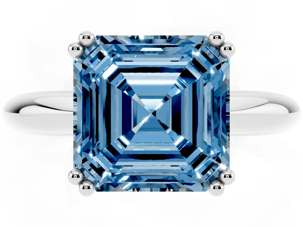 Fancy Blue Asscher Cut Cut Solitaire Engagement Ring with Tapered Band and Four-Prong Setting Platinum