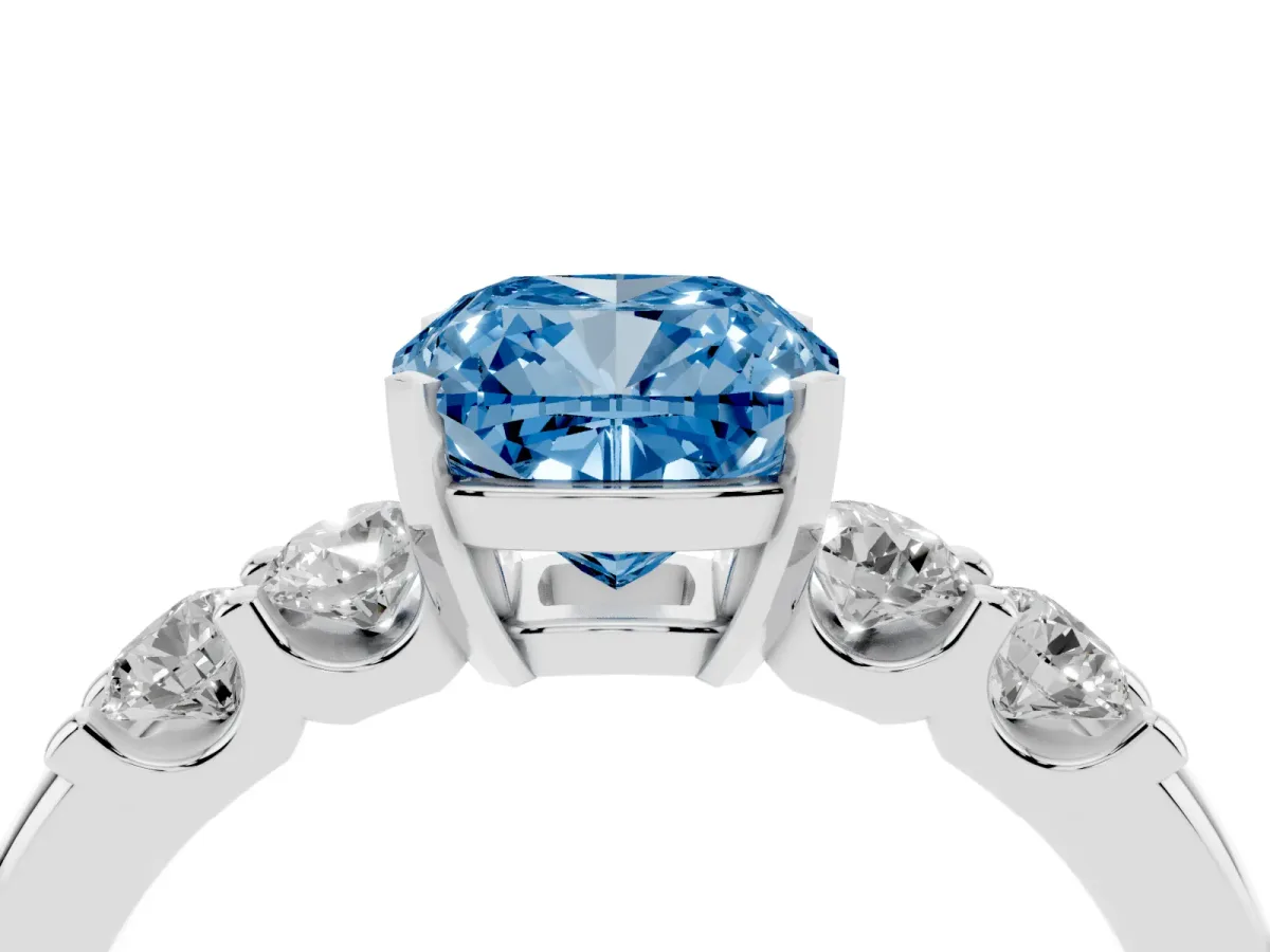 Fancy Blue Cushion Cut Brilliant Cut Diamond Five-Stone Prong Set Engagement Ring with Channel Band White gold