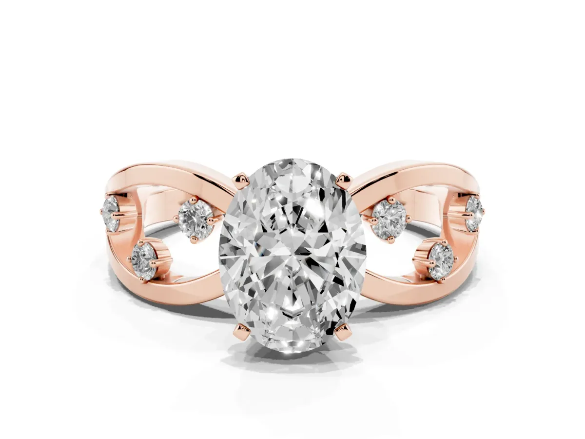 Oval Cut Cut Solitaire Diamond with Side Stones on Criss-Cross Band and Four-Prong Setting Rose gold