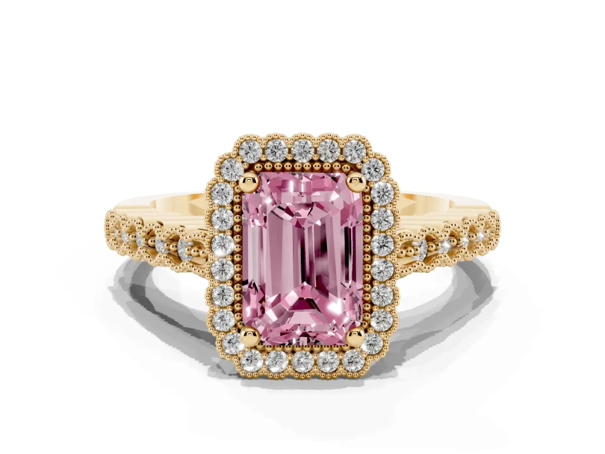 Fancy Pink Radiant Cut Cut Halo Pavé Solitaire Ring with Milgrain Band Yellow gold