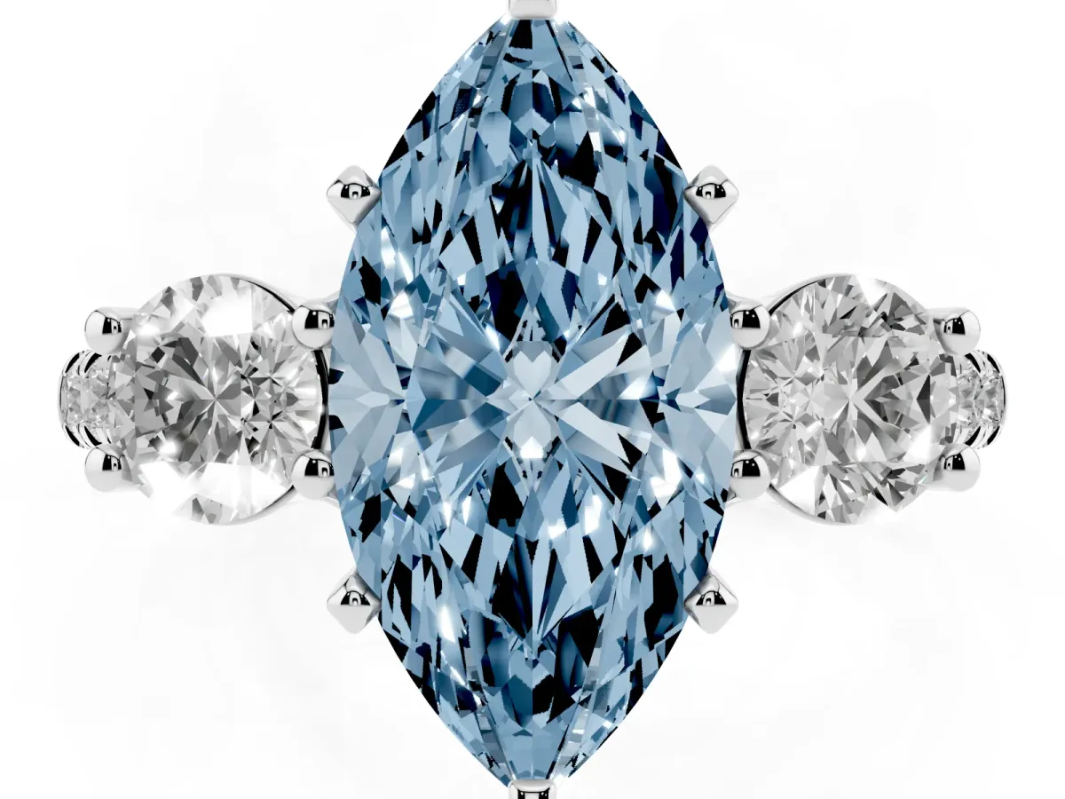 Fancy Blue Three-Stone Marquise Cut Diamond Pavé Band with Four-Prong Setting Silver