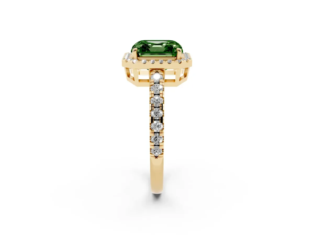 Fancy Green Asscher Cut Diamond Halo Ring with Pavé Band and Four-Prong Setting Yellow gold
