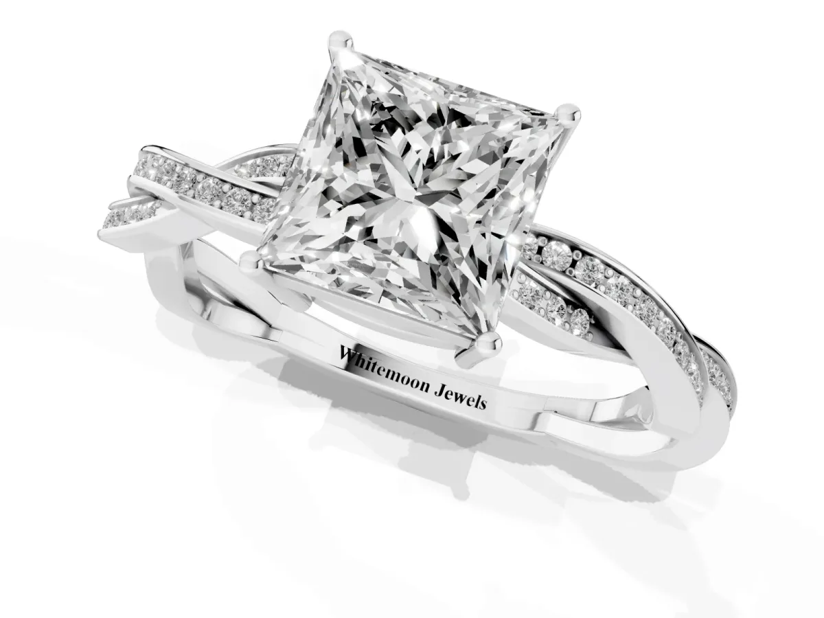 Princess Cut Solitaire Twisted Pave Diamond Ring with Four-Prong Setting Platinum