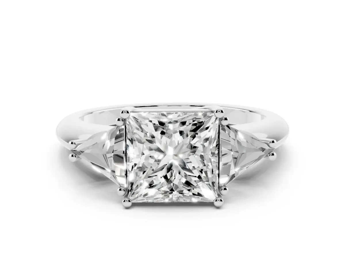 Three-Stone Princess Cut Diamond Engagement Ring with Trillion Side Stones and Prong Setting Silver