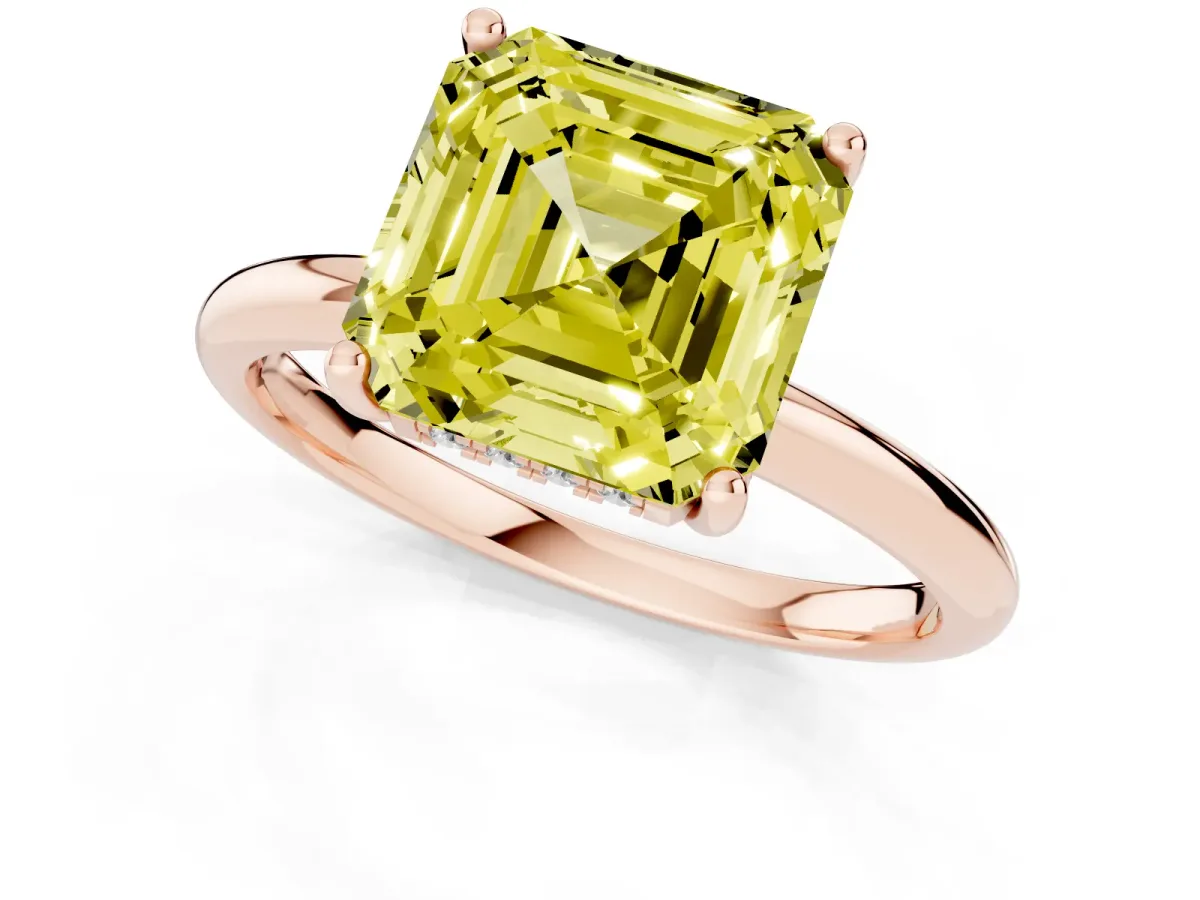 Fancy Yellow Asscher Cut Cut Solitaire Engagement Ring with Four-Prong Setting and Classic Band Rose gold