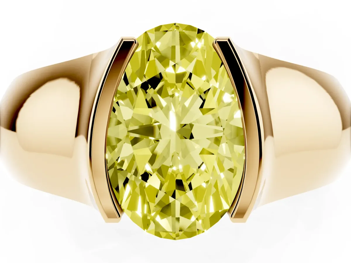 Fancy Yellow Oval Cut Solitaire Bezel Set Diamond Ring with Wide Band Yellow gold