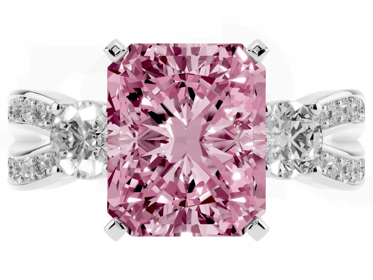 Fancy Pink Three-Stone Radiant Cut Cut Diamond Twist Band with Prong Setting Silver