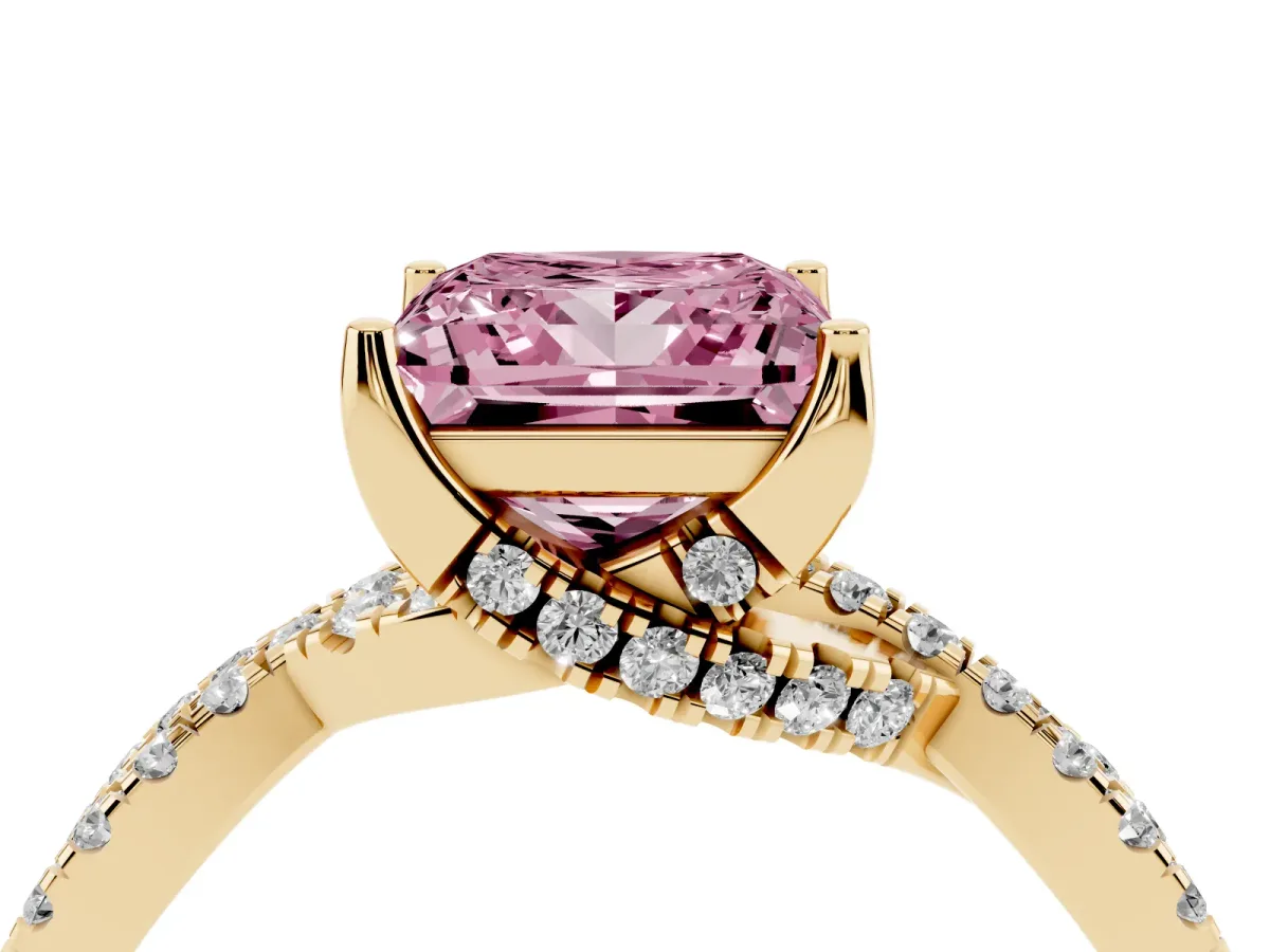Fancy Pink Princess Cut Solitaire Twist Pave Diamond Engagement Ring with Prong Setting Yellow gold