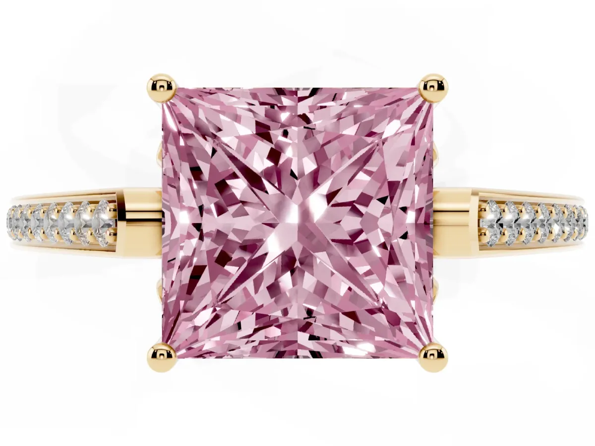 Fancy Pink Princess Cut Cut Cathedral Pave Diamond Engagement Ring with Six-Prong Setting Yellow gold