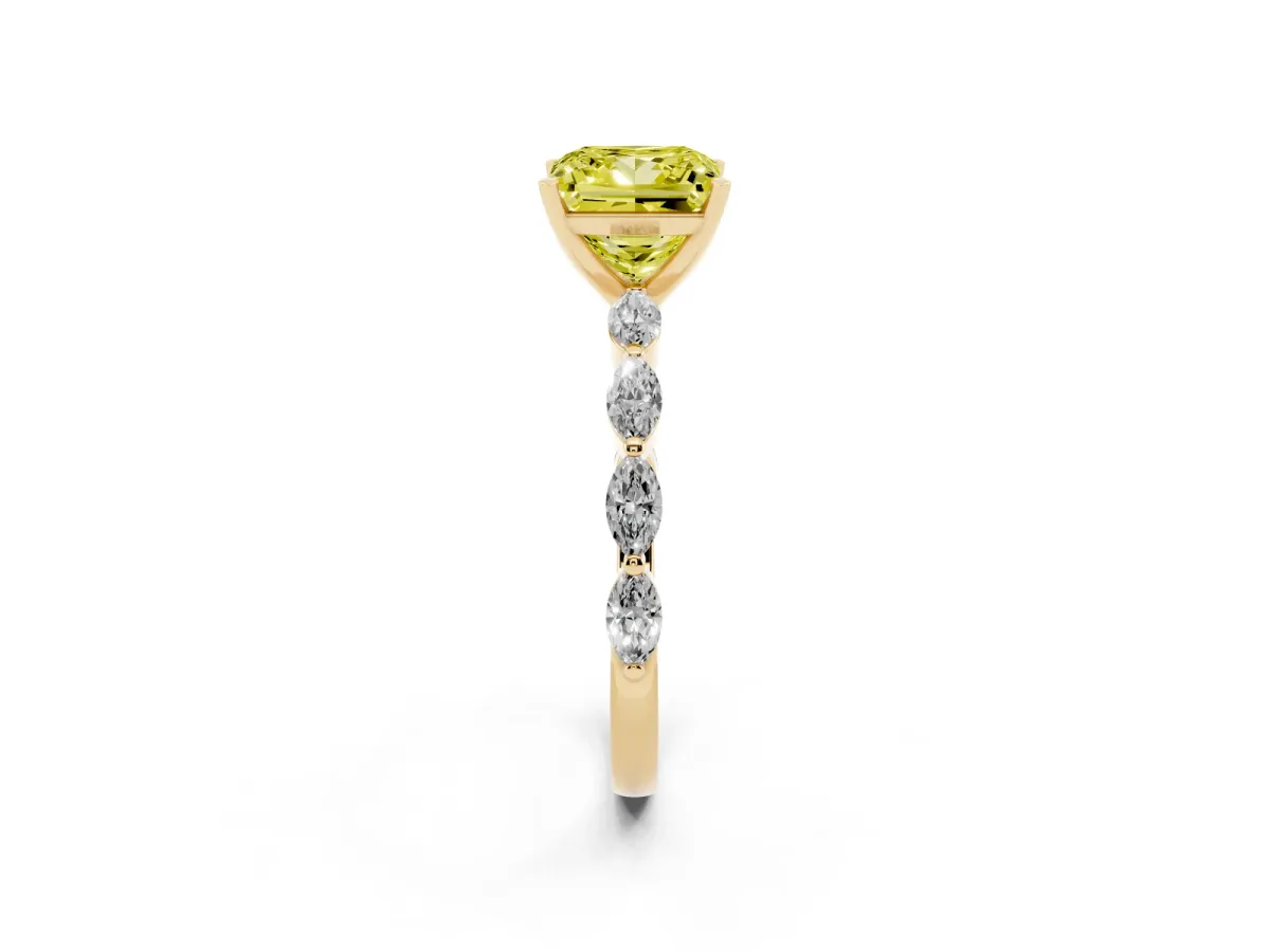 Fancy Yellow Princess Cut Diamond Ring with Marquise Side Stones and Prong Setting Yellow gold