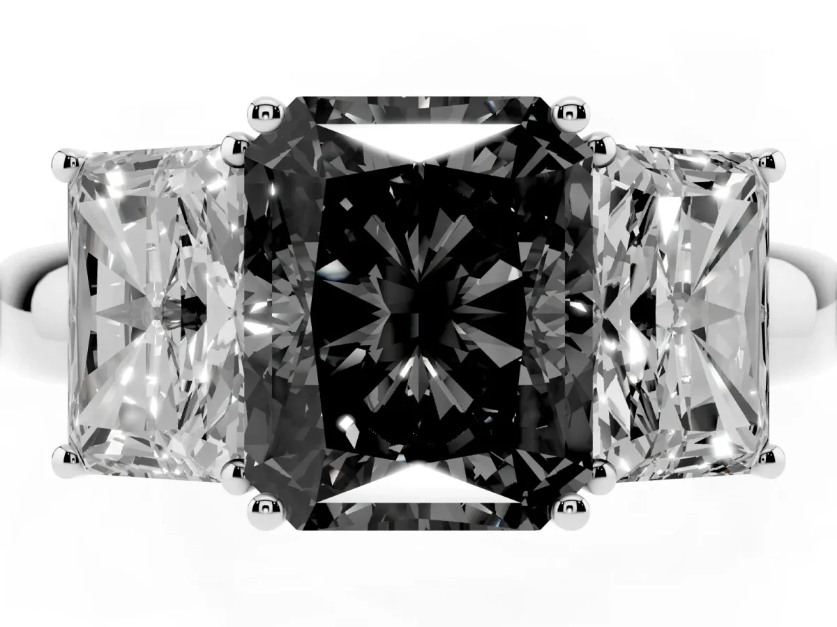 Fancy Black Radiant Cut Diamond Three-Stone Ring with Four-Prong Setting and Classic Band Silver