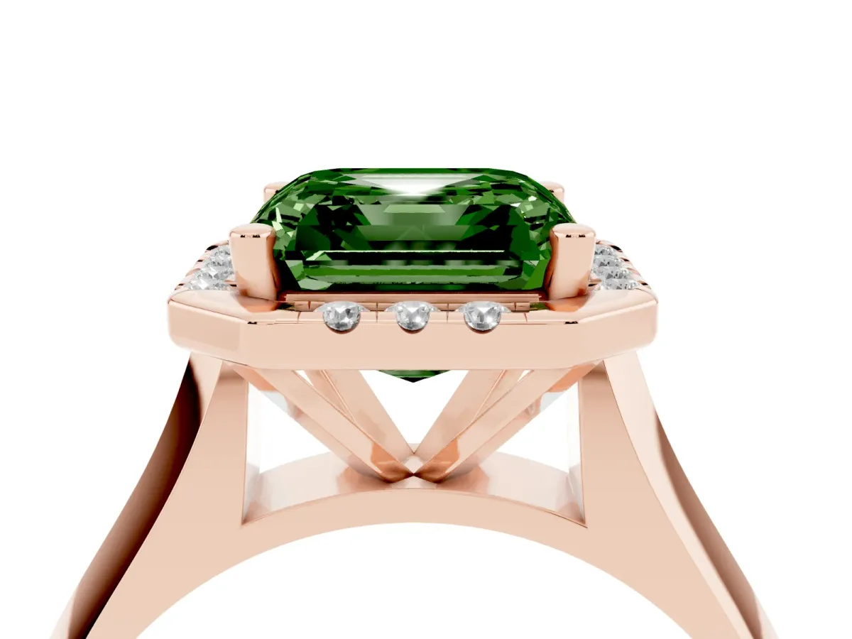 Fancy Green Asscher Cut Cut Halo Solitaire Engagement Ring with Square Band and Four-Prong Setting Rose gold