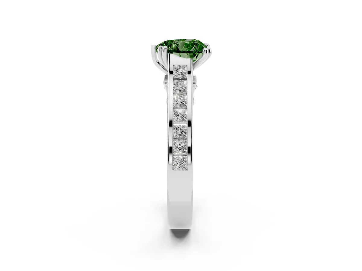 Fancy Green Heart Cut Cut Channel Set Solitaire Engagement Ring with Prong Setting Silver