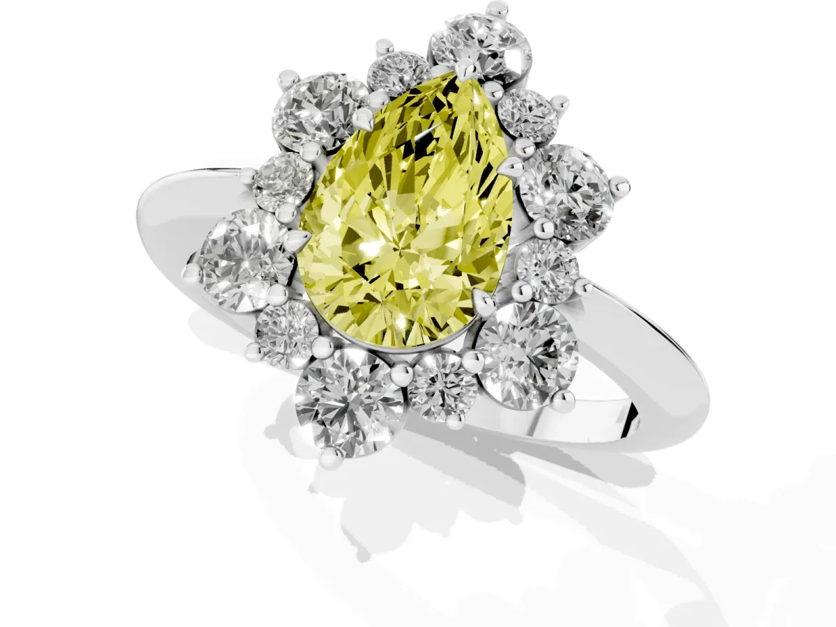 Fancy Yellow Pear Cut Diamond Cluster Halo Ring with Solitaire Band and Four-Prong Setting Silver