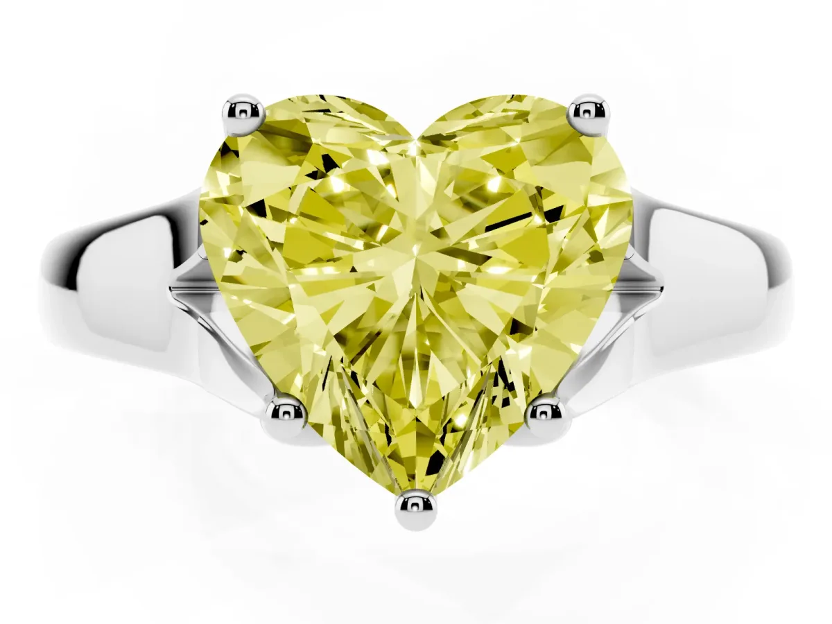 Fancy Yellow Heart Cut Solitaire Diamond Ring with Cathedral Band and Four-Prong Setting Silver