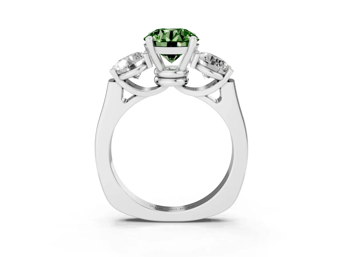 Fancy Green Three-Stone Round Cut Brilliant Diamond Trellis Ring with Comfort Fit Band White gold